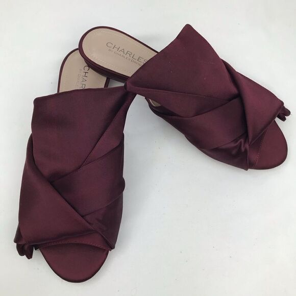 Charles David Burgundy Satin Wrap Knot Open Toe Slide Flats - Picture 3 of 14